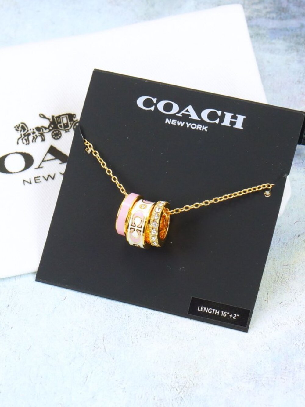 Coach Signature White Pink Enamel Crystal Rondell Ring Necklace Gold Plated - Picture 2 of 5
